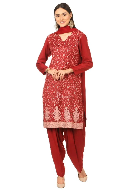 Elegant And Unique Design Pashtush Embroidery Suit, Fine Wool (Unstitched) -  Maroon