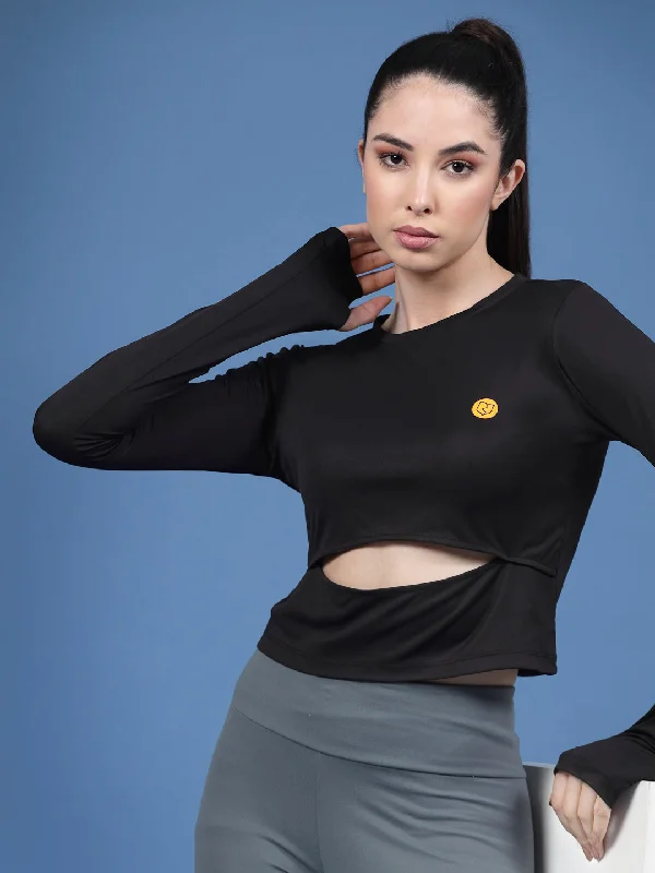 Elegant And Noble Style Solid Full Sleeves Round Neck Slim Fit Women Active Wear Crop Top