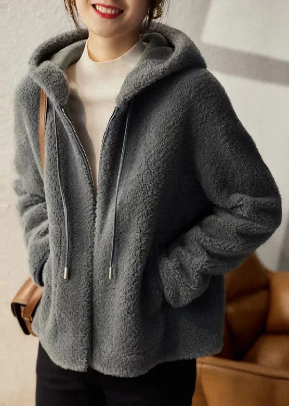 Casual Basic Style Casual Grey Hooded Pockets Patchwork Woolen Coats Winter