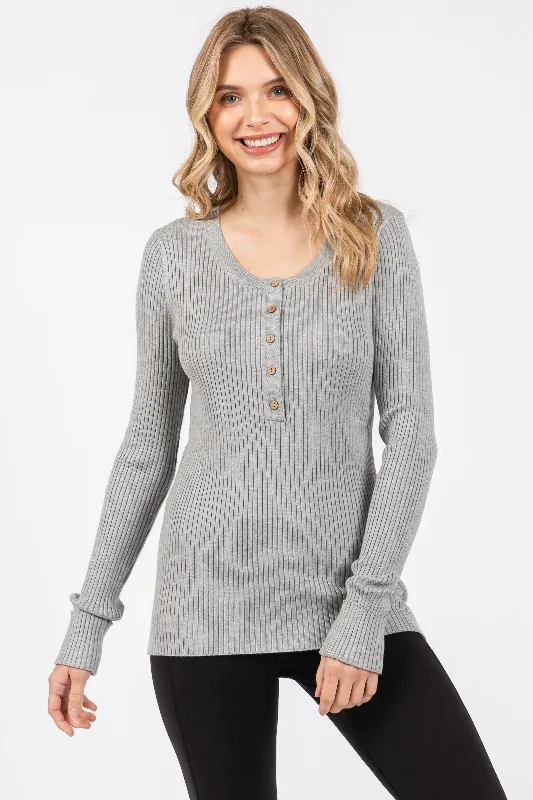 Sports Functional Style Heather Grey Ribbed Henley Top