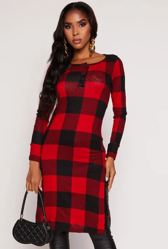 Elegant And Unique Charm Plaid Side Slit Long Sleeve Tunic Top