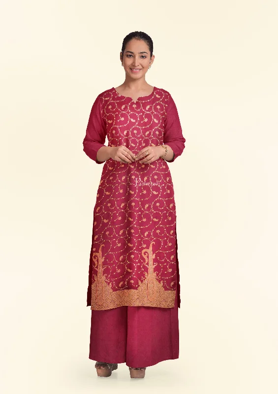 Simple Style Pashtush Unstitched Kashmiri Embroidery 2-Piece Suit, Fine Wool, Soft and Warm, Maroon