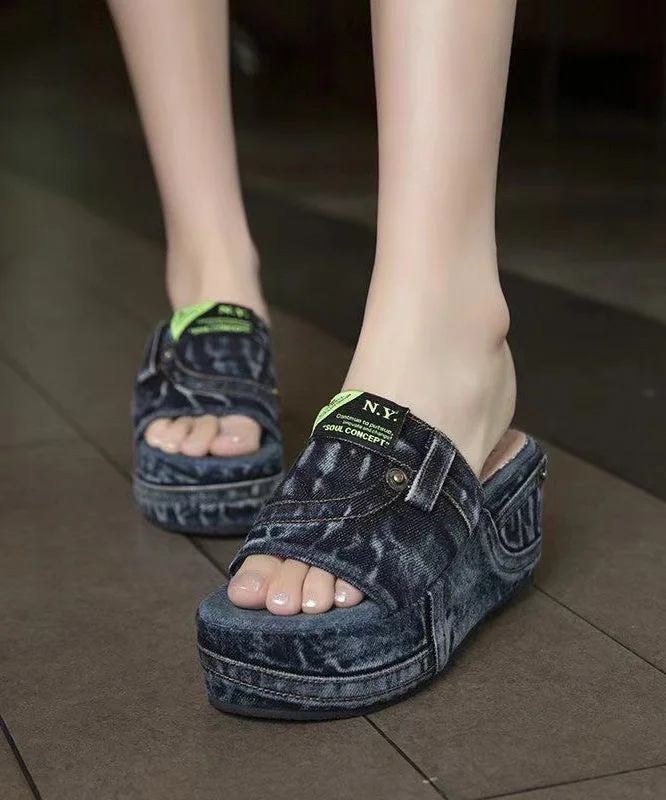 Elegant Lapel Style Beautiful Blue Denim Wedge Slide Sandals Peep Toe