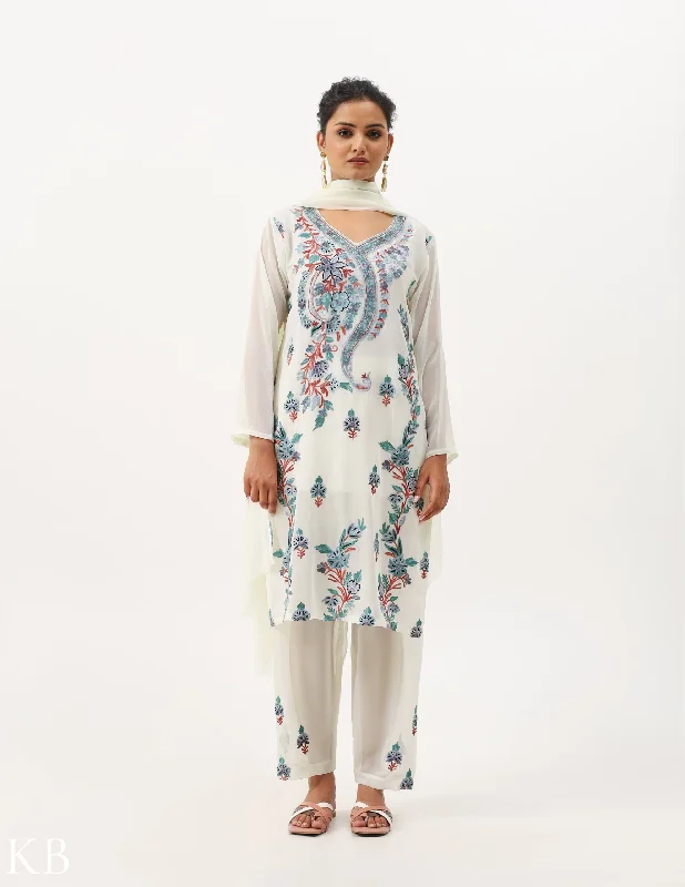 Elegant Slim Style Creamy White Embroidered Three-Piece Georgette Suit