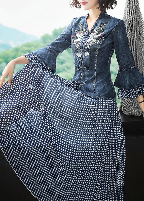 Casual Casual Style Art Blue Stand Collar Embroideried Denim Coats Flare Sleeve And Dot Print Chiffon Skirts Two Piece Set Women Clothing