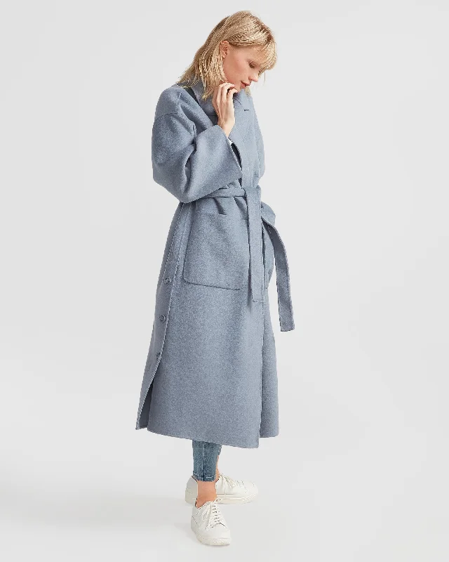 Rock Leather Style Wide Awake Split Hem Overcoat - Denim Blue