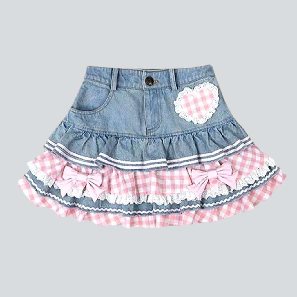 Simple Classic Style Pink frills skater denim skirt