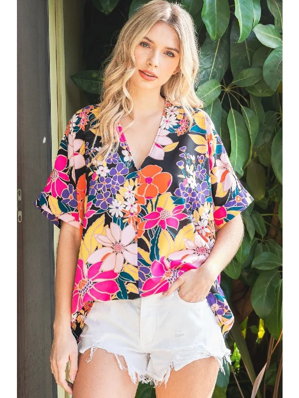 Gorgeous High-End Feeling Flower Garden V-Neck Shift Top