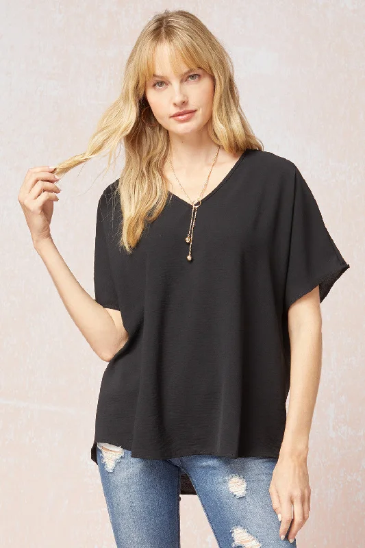 Simple Style Solid V-Neck Top, Black