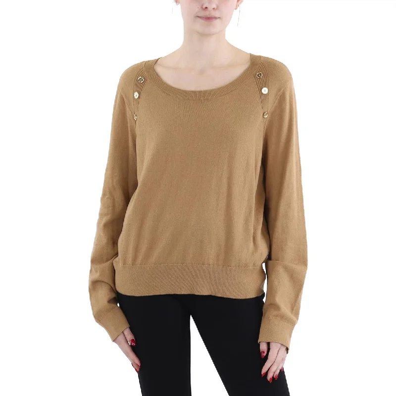 Simple Design Sense Womens Button Trim Long Sleeve Crewneck Sweater