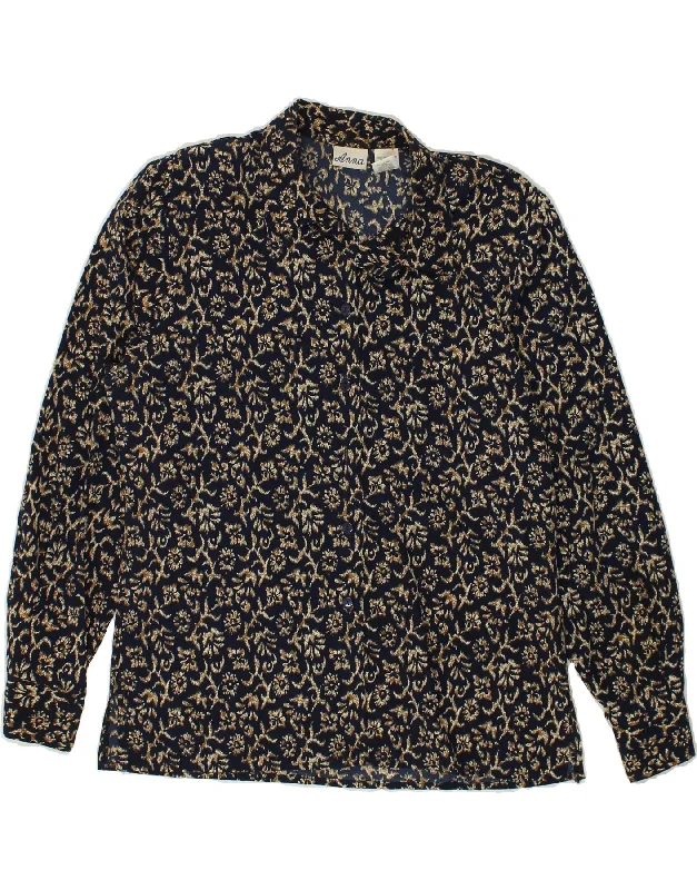 Elegant Lapel Style VINTAGE Womens Shirt UK 14 Medium Navy Blue Floral Polyester