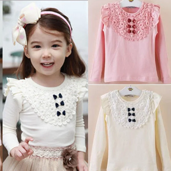 Elegant Slim Style Kids Toddler Clothes Girls Lace Bow Long Sleeve Tops Casual T Shirt Cotton Blouse