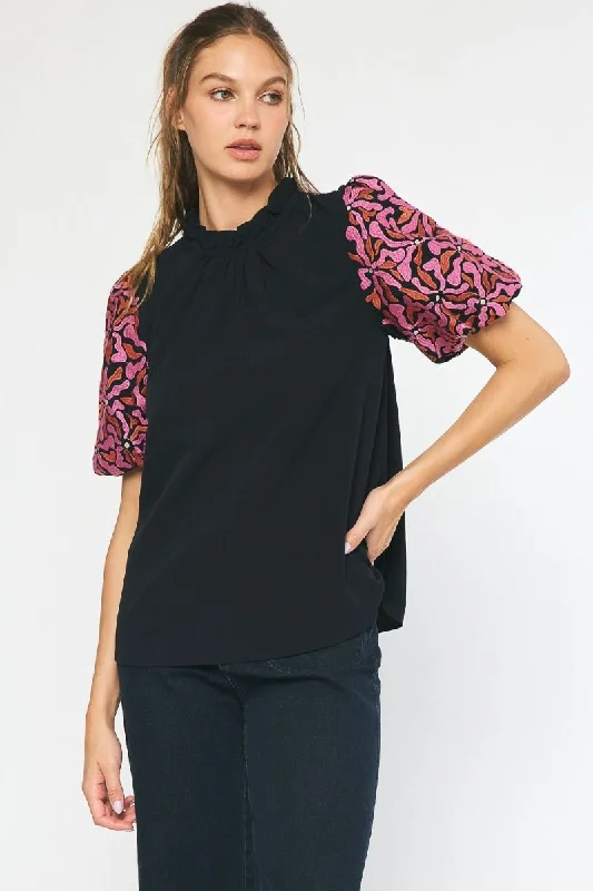 Romantic Chiffon Style Embroidered Puff Sleeve Top, Black