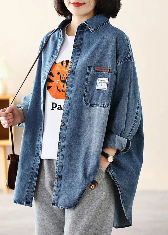 Rock Prints Casual Blue Peter Pan Collar Oversized Applique Cotton Denim Coat Spring