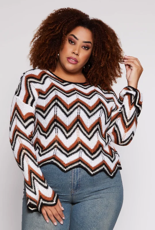 Sports Fitness Shoes Plus Size Chevron Crochet Crew Neck Sweater