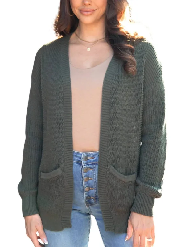 Leisure Time Slouchy Knit Pocket Cardigan In Deep Olive