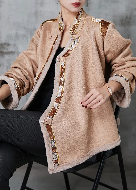 Casual Shopping Vintage Khaki Chinese Button Patchwork Warm Fleece Coats Spring