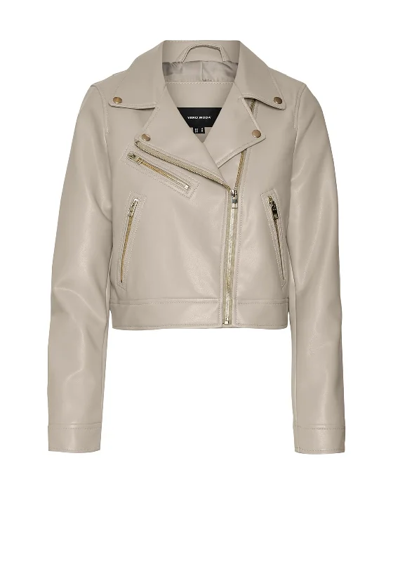 Sports Zipper Style Vero Moda Heida Cropped Biker Jacket, Oatmeal