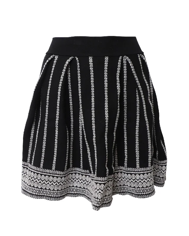 Romantic Off-Shoulder Style Maje Geomteric Pleated Ribknit Mini Skirt in Black Cotton Blend