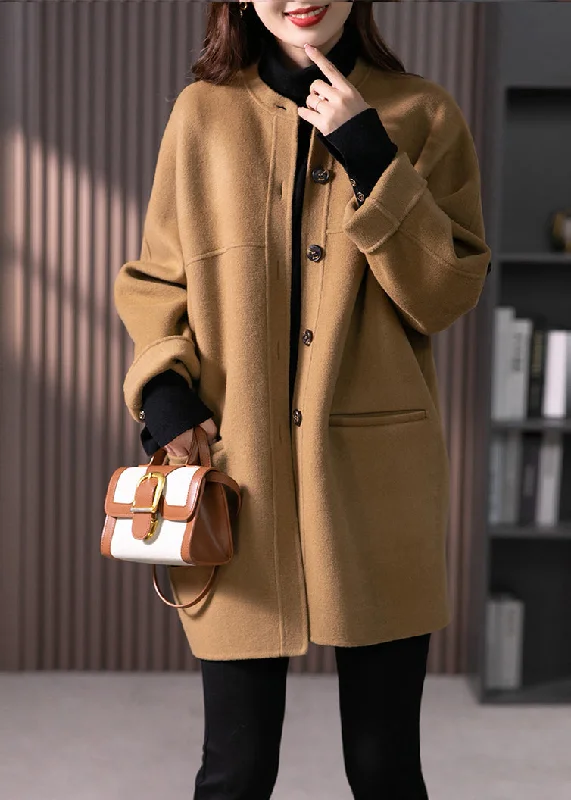 Gorgeous Evening Style Women Camel O Neck Pockets Button Patchwork Wool Coats Fall