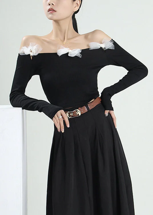 Romantic Lightness Stylish Black Slash neck Bow Cotton Top Long Sleeve