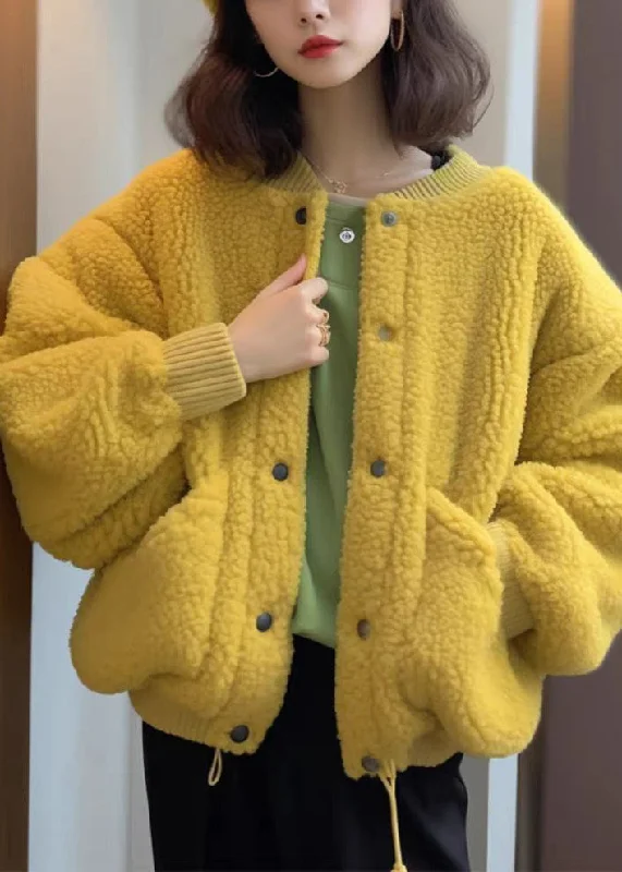 Sports Vitality Style Women Yellow Button Pockets Teddy Faux Fur Coat Spring