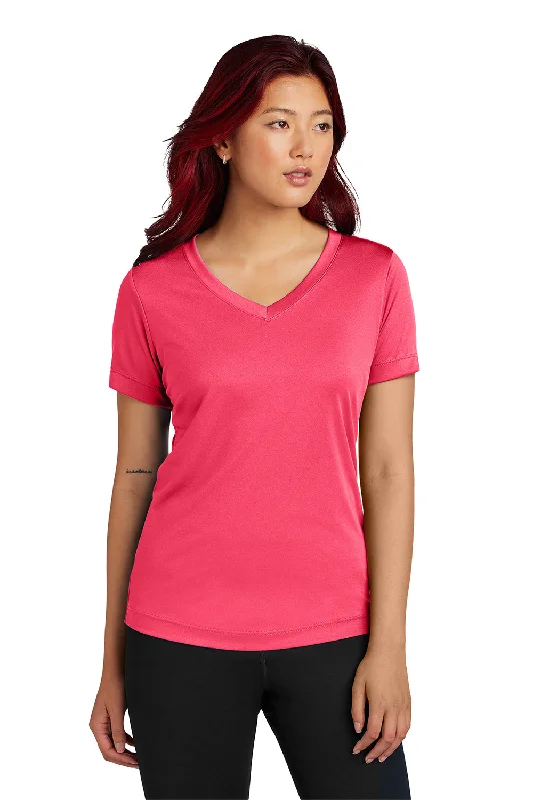 Casual Simple Style Sport-Tek Womens Competitor Moisture Wicking Short Sleeve V-Neck T-Shirt - Hot Coral Pink