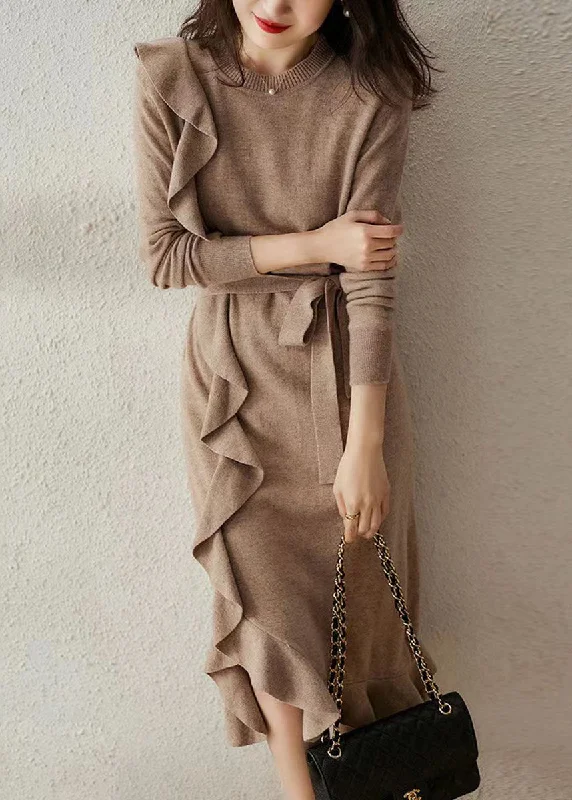 Casual Casual Style French Camel Ruffled Tie Waist Patchwork Woolen Long Dress Fall