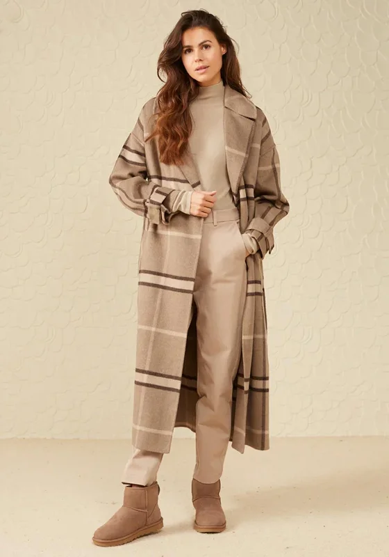 Simple Fashion YAYA Wool Blend Long Check Coat, Roasted Cashew Brown