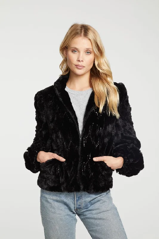 Rock Zipper Style Sequin Faux Fur Puff Sleeve Zip Up