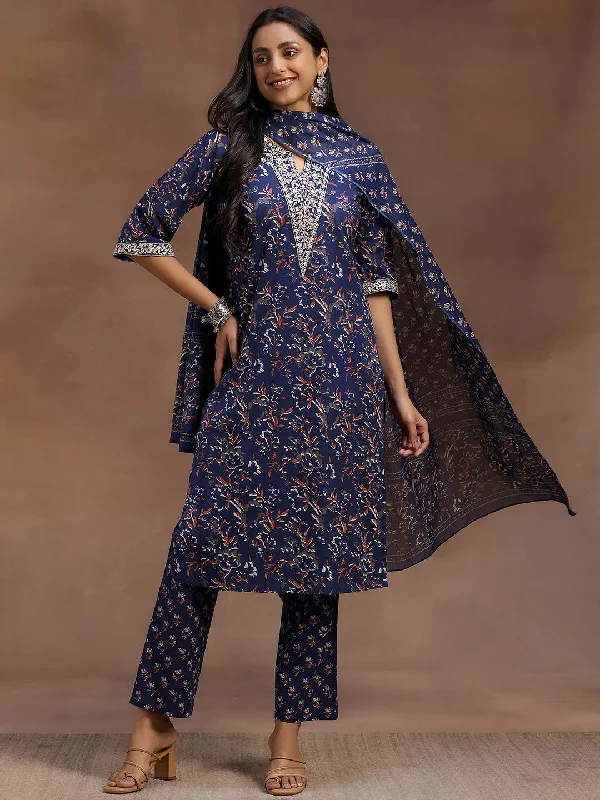 Gorgeous High-End Feeling Blue Printed Cotton Straight Suit With Dupatta