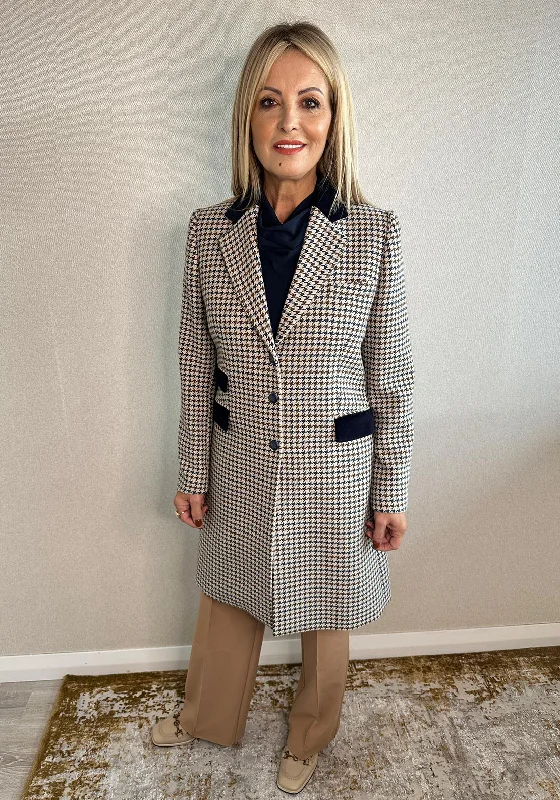 Rock Retro Style Bariloche Figuria Houndstooth Wool Blend Long Coat, Navy Blue