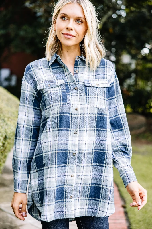 Simple Casual Feeling Simple Solutions Navy Blue Plaid Button Down Top