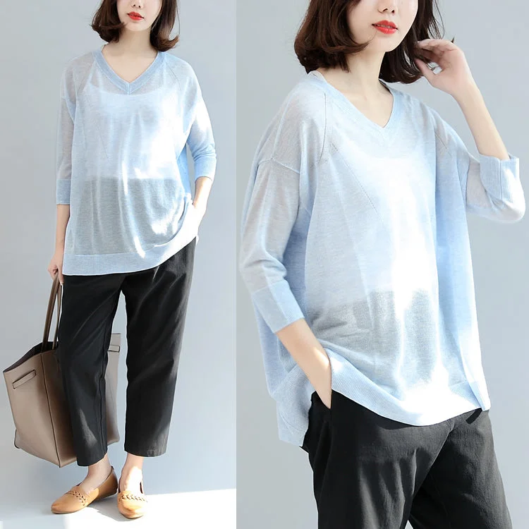 Rock Prints summer light blue stylish  loose casual  t shirt long sleeve blouse