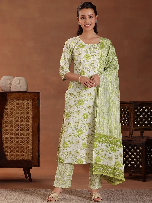 Casual Basic Style Green Printed Cotton Straight Suit With Dupatta