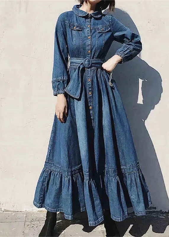 Elegant And Unique Charm French Blue Peter Pan Collar Button Denim Dress Long Sleeve