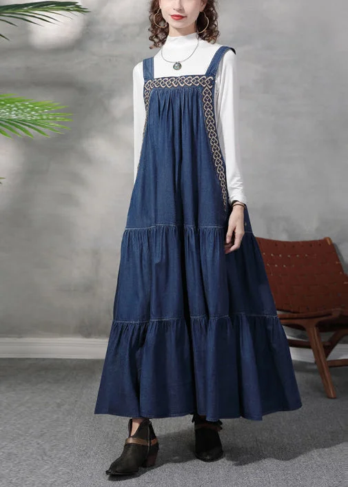 Simple Casual Wear French Denim Blue Embroideried Exra Large Hem Cotton Strap Dress Summer