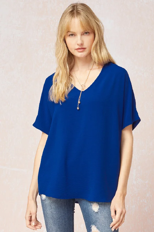 Casual Summer Style Solid V-Neck Top, Royal