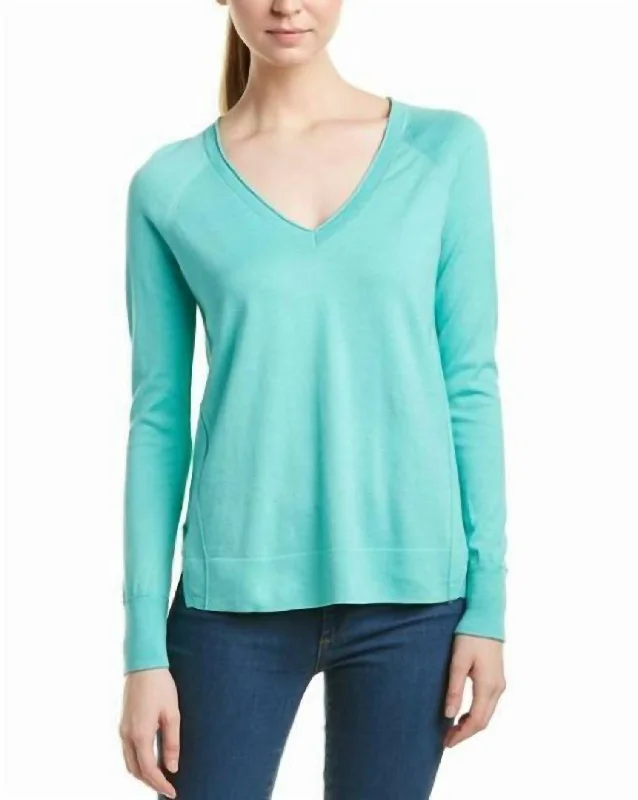 Casual Simple Style V-Neck Pullover Cotton Side Slits Sweater In Blue