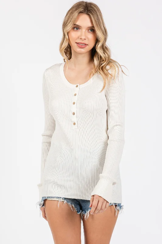 Romantic Chiffon Style Cream Ribbed Henley Top