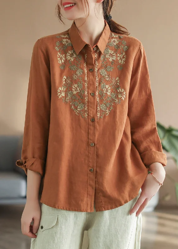 Simple And Color Boutique Orange Peter Pan Collar Embroidered Linen Top Long Sleeve