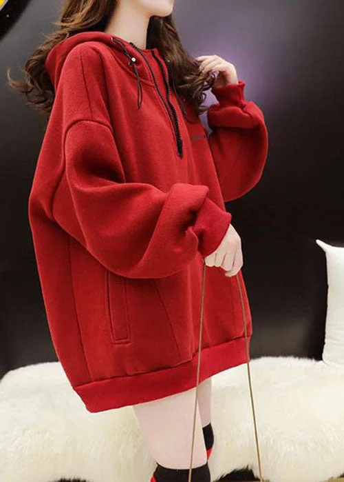 Romantic Pastoral Style Style Red Hooded Graphic Warm Fleece Pullover Street wear Winter