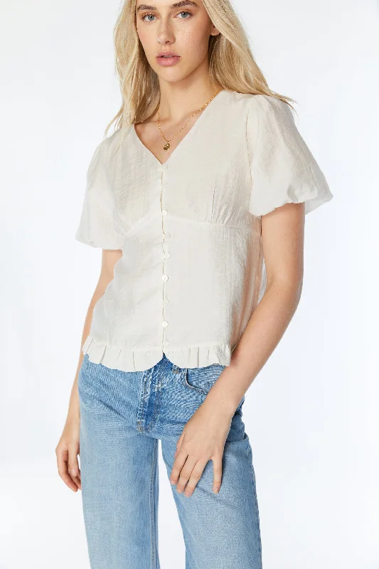 Romantic Off-Shoulder Style PUFF SLEEVE BUTTON FRONT TOP