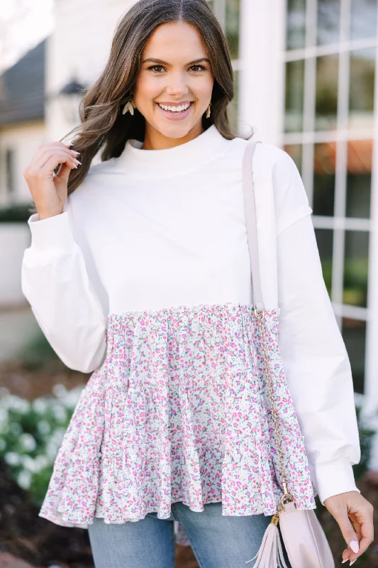 Simple Fashion Should Be There Cream White Ditsy Floral Top