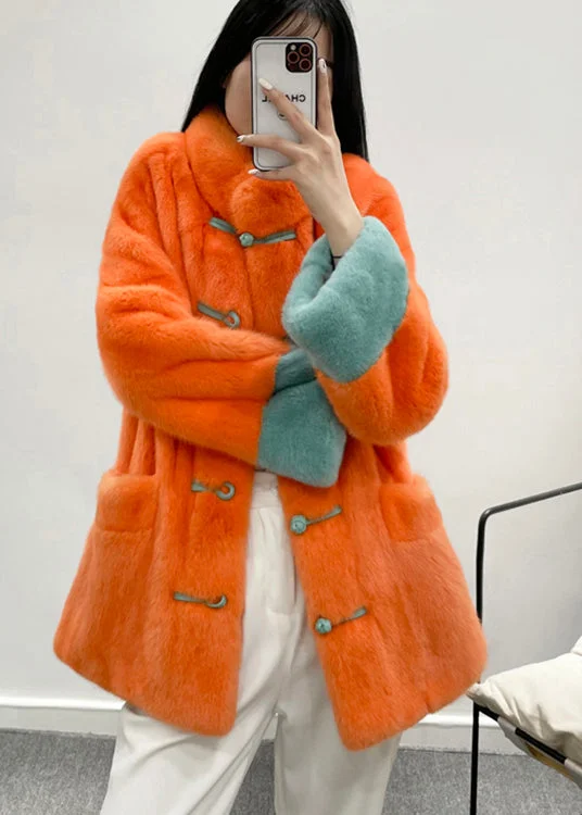 Casual Casual Style New Retro Orange Stand Collar Pockets Chinese Button Faux Fur Jackets Winter