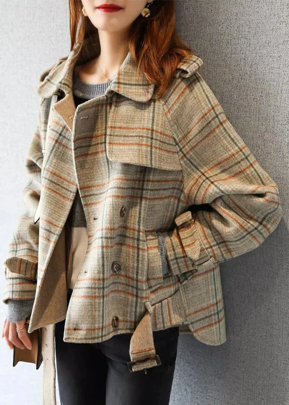 Gorgeous Crystal Design Stylish Plaid Button Pockets Patchwork Woolen Coat Fall