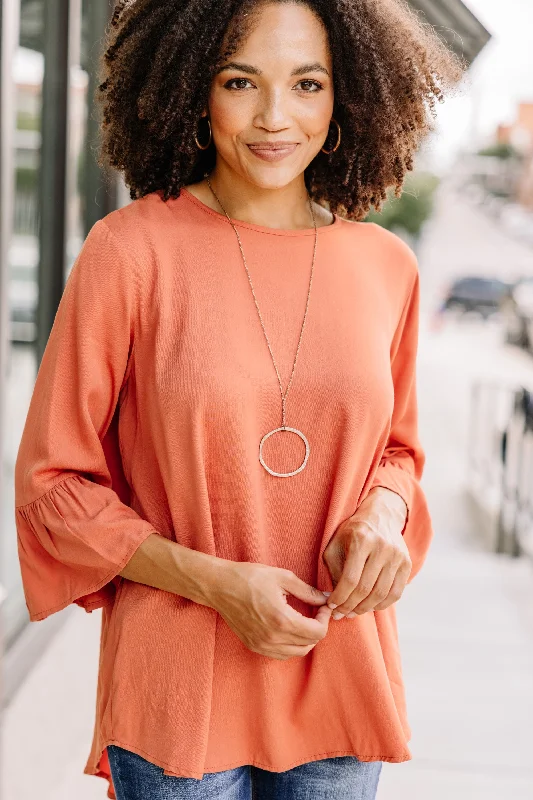 Sports Zipper Style Play Your Cards Right Rust Orange Ruffled Top