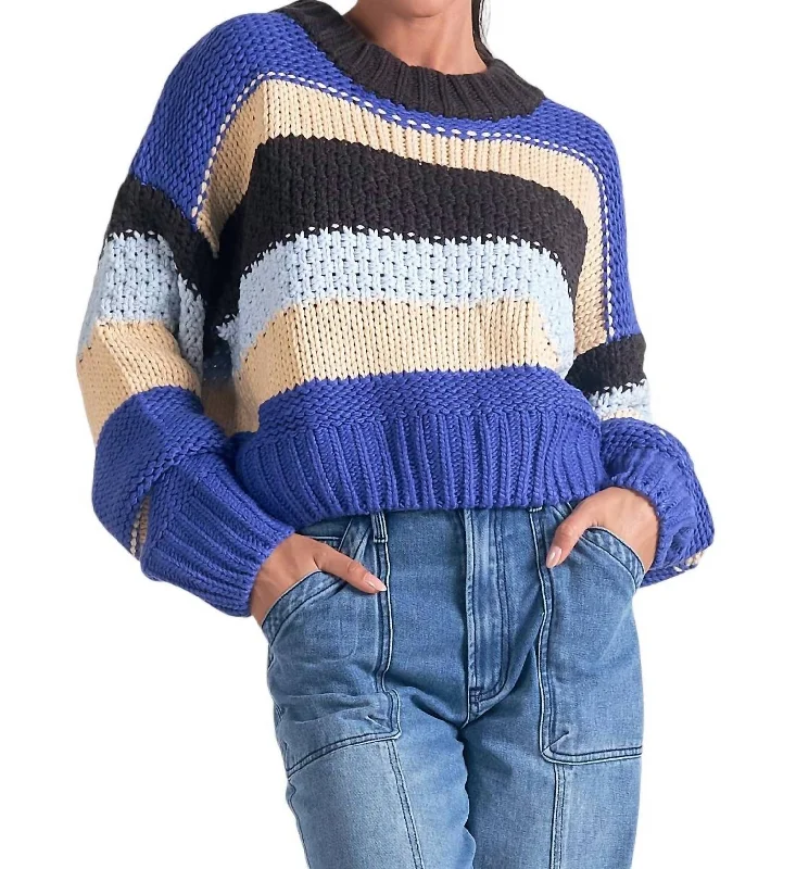 Elegant And Noble Style Stripe Crew Sweater In Blue Multi