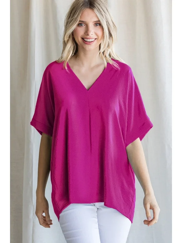 Elegant And Sweet Style V-Neck Shift Top, Magenta