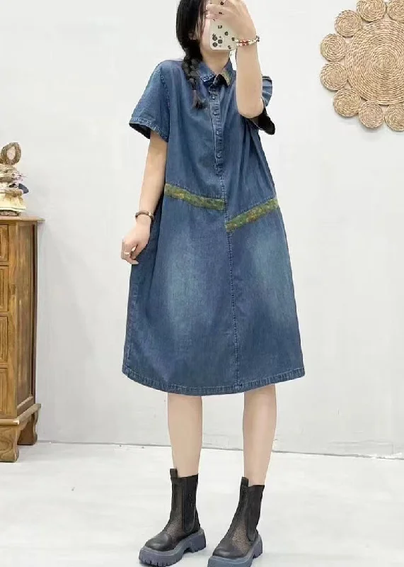 Elegant Wool Coat Chic Blue Peter Pan Collar Patchwork Denim Dress Summer